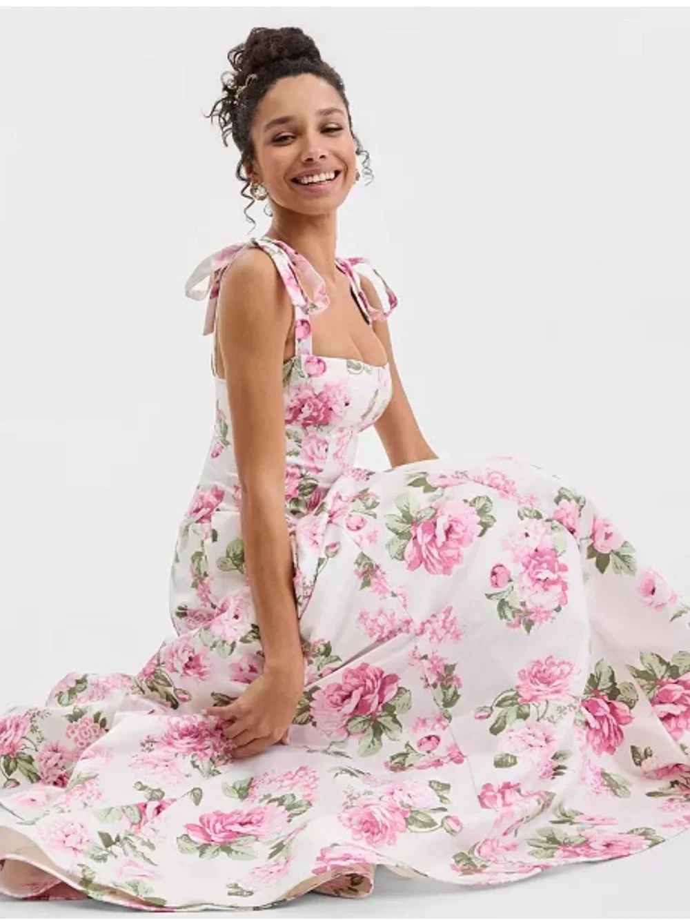 B Darlin White Maxi Dress with Pink Rose Print and Tie Shoulders - Picture 1 of 3
